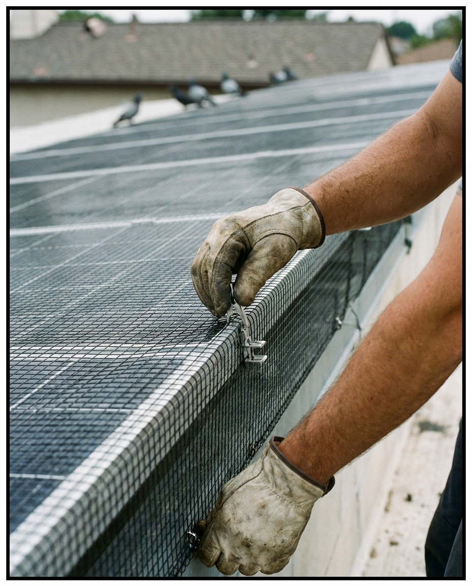 Stainless critter guard clipped to the edge of rooftop solar panels