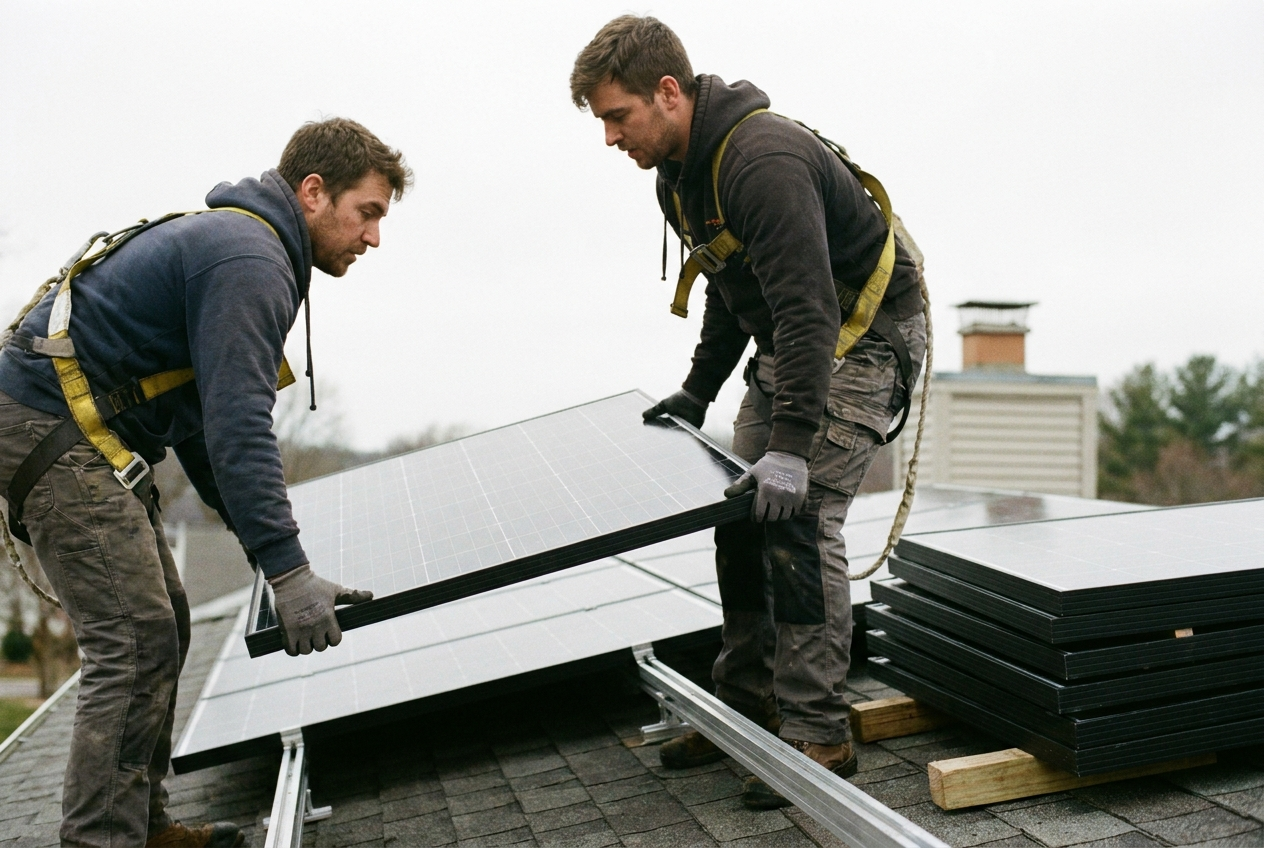 Technicians lifting a solar panel off roof rails