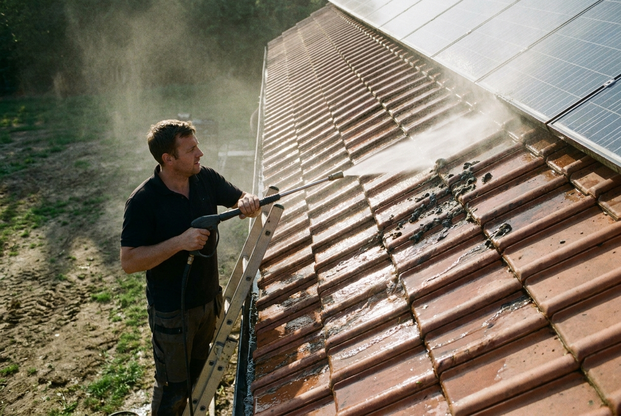 Technician pressure-washing a tile roof beside solar panels