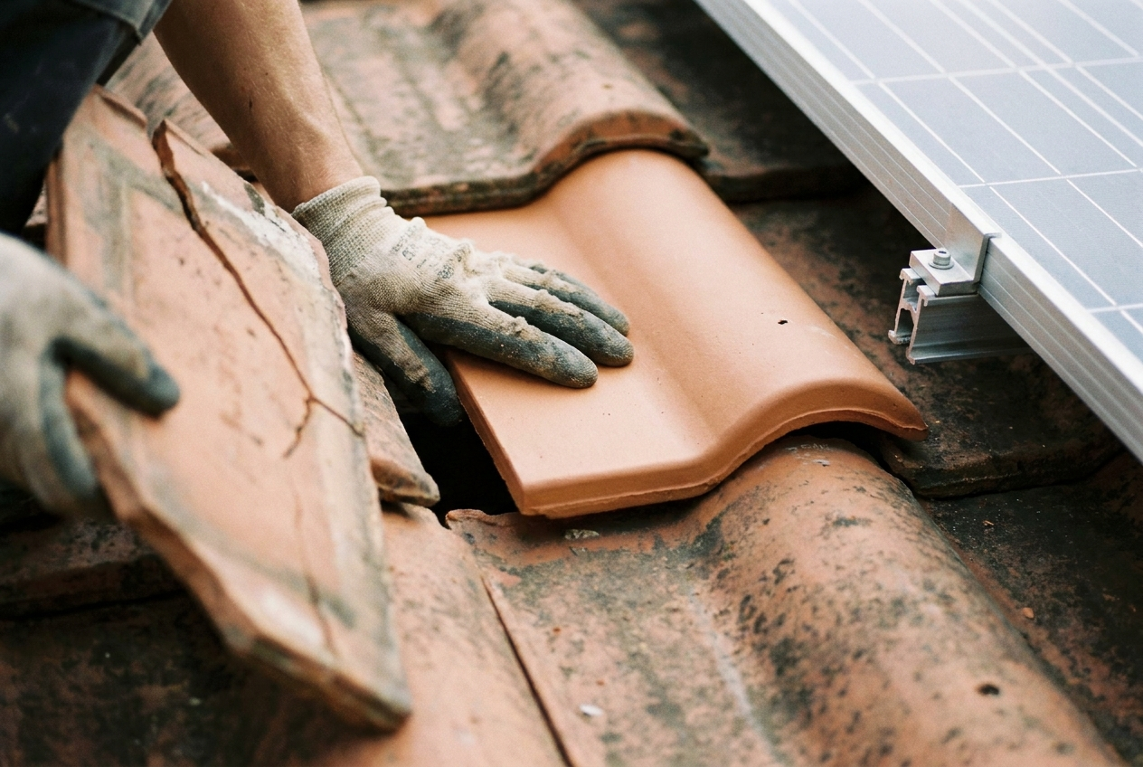Replacing a cracked roof tile next to a solar panel